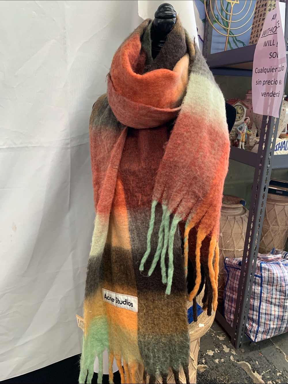 Acne Multicolor Wool Fringe Scarf - Orange, Green, Brown